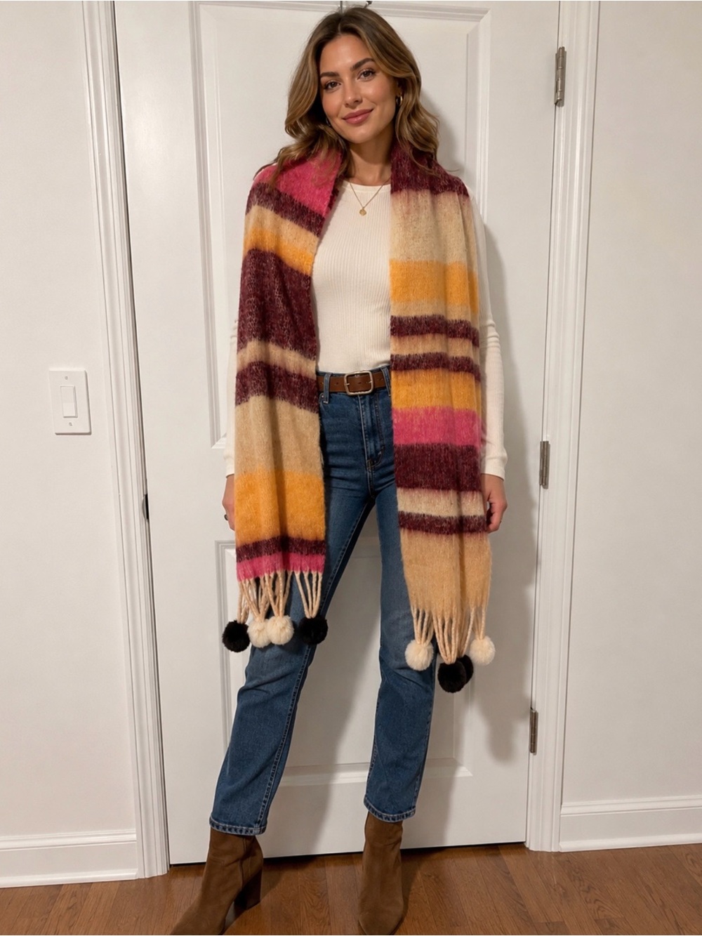 Lulla Colection Cozy Colorblock Pom Pom Scarf NWT - Picture 3 of 6